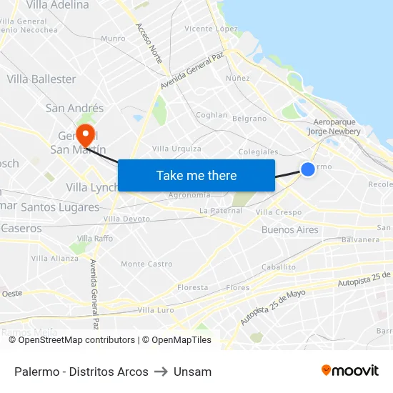Palermo - Distritos Arcos to Unsam map