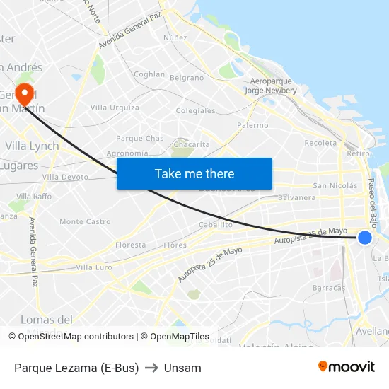 Parque Lezama (E-Bus) to Unsam map