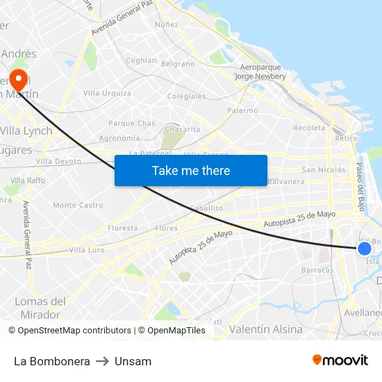 La Bombonera to Unsam map