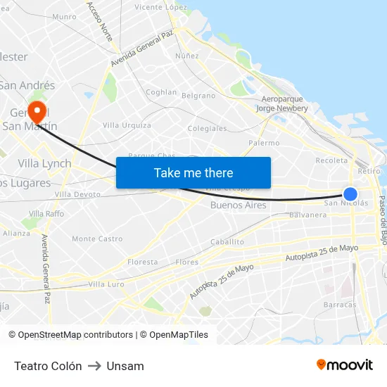 Teatro Colón to Unsam map