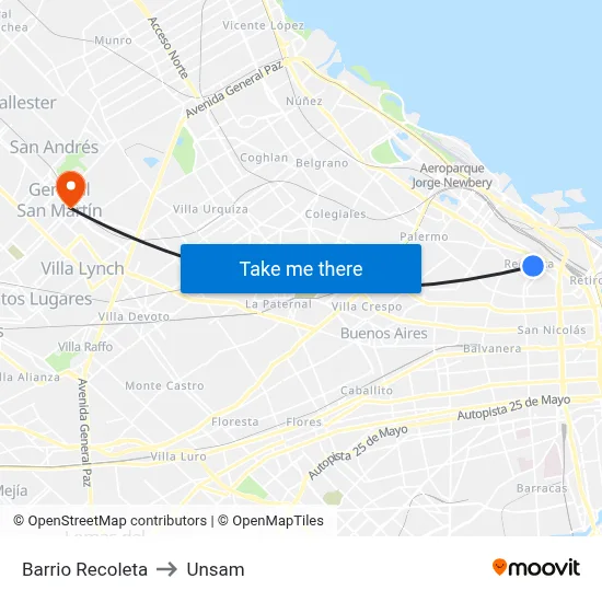 Barrio Recoleta to Unsam map