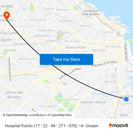 Hospital Fiorito (17 - 22 - 98 - 271 - 570) to Unsam map