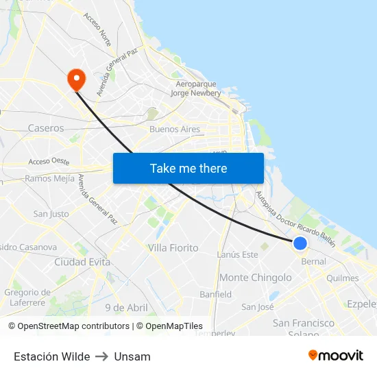 Estación Wilde to Unsam map
