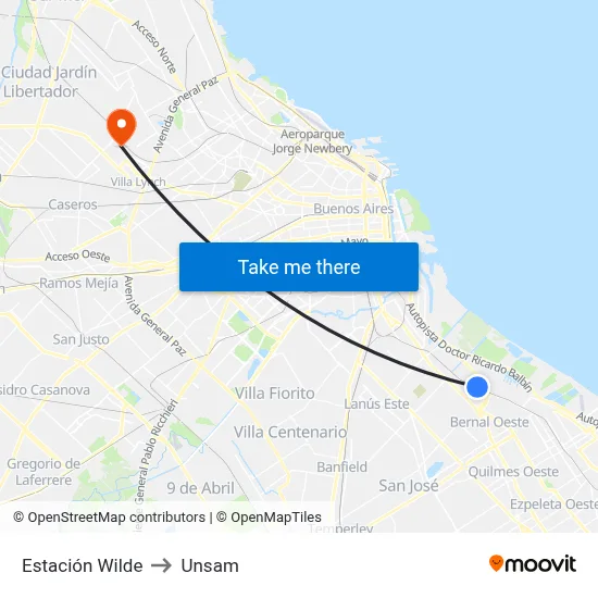 Estación Wilde to Unsam map