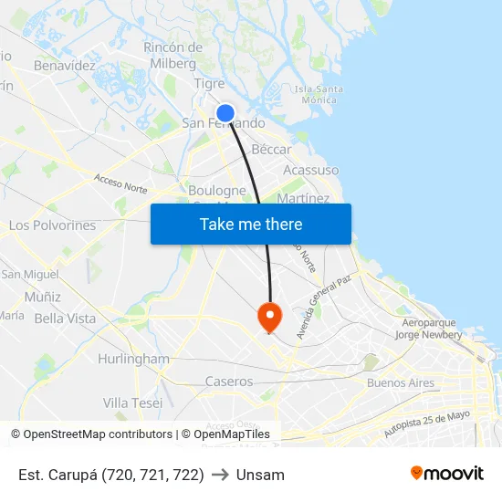 Est. Carupá (720, 721, 722) to Unsam map
