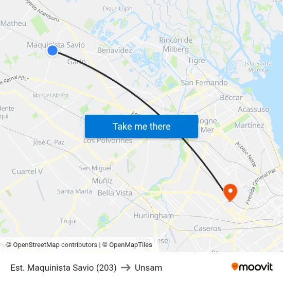 Est. Maquinista Savio (203) to Unsam map