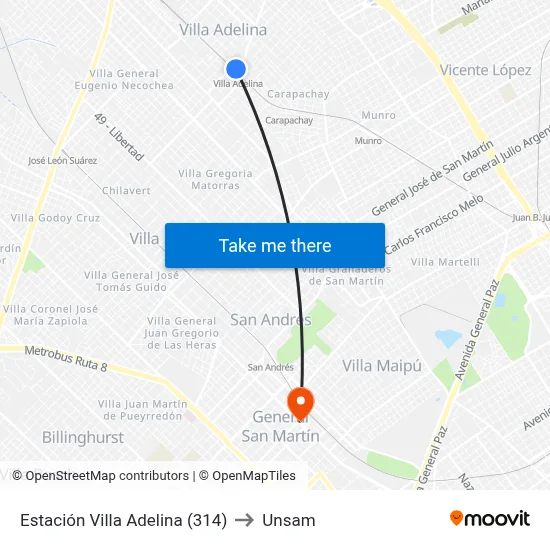 Estación Villa Adelina (314) to Unsam map