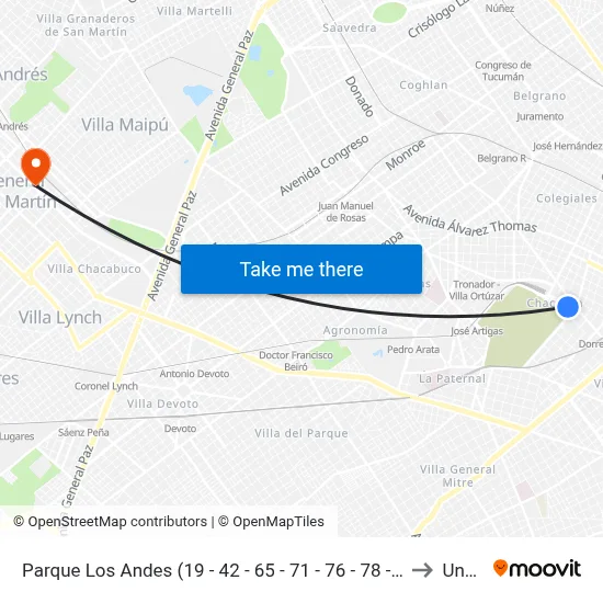 Parque Los Andes (19 - 42 - 65 - 71 - 76 - 78 - 87 - 93 - 108 - 127) to Unsam map