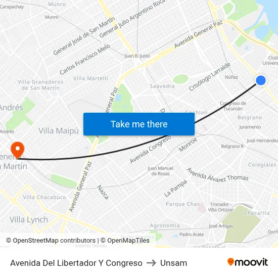 Avenida Del Libertador Y Congreso to Unsam map