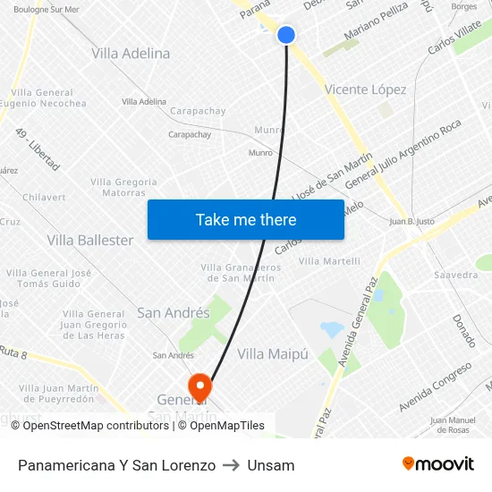 Panamericana Y San Lorenzo to Unsam map