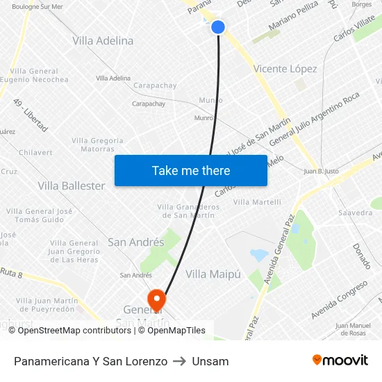 Panamericana Y San Lorenzo to Unsam map