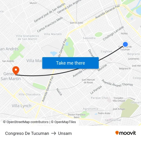 Congreso De Tucuman to Unsam map