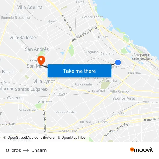 Olleros to Unsam map