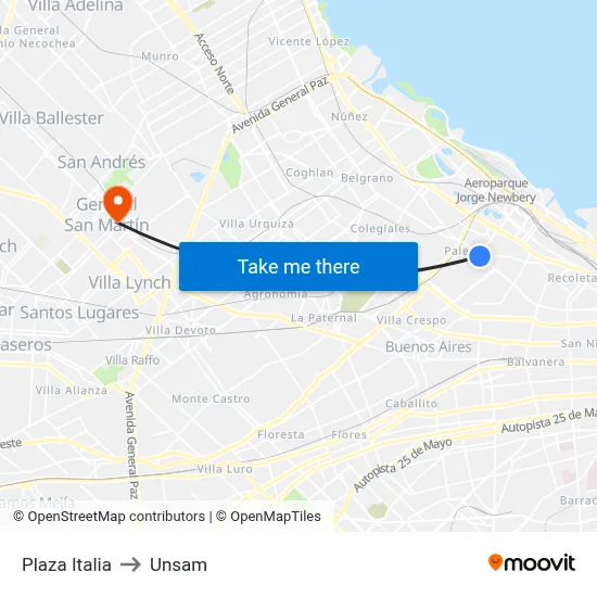 Plaza Italia to Unsam map