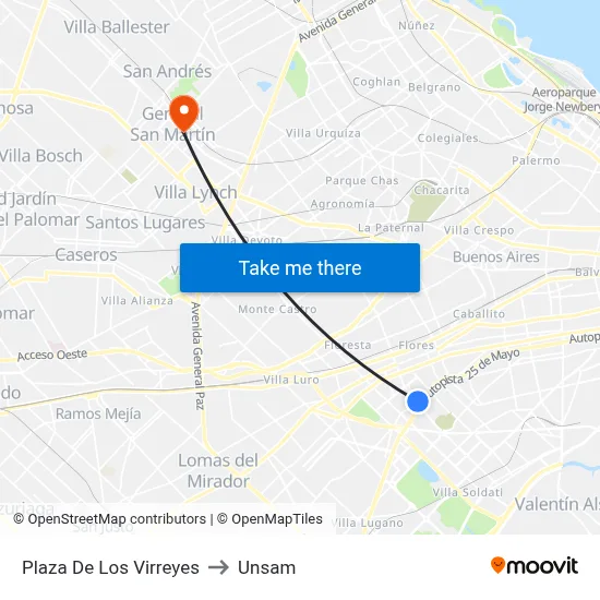 Plaza De Los Virreyes to Unsam map