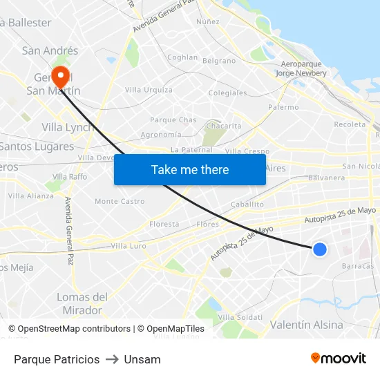 Parque Patricios to Unsam map
