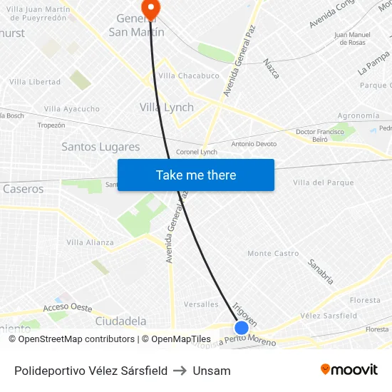 Polideportivo Vélez Sársfield to Unsam map