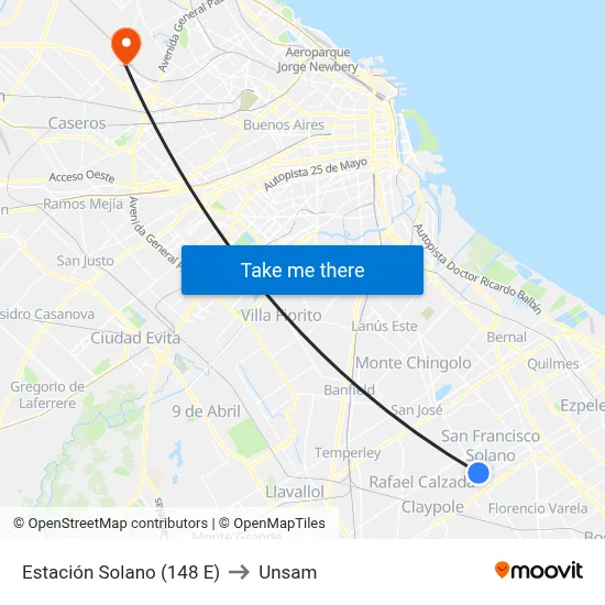 Estación Solano (148 E) to Unsam map