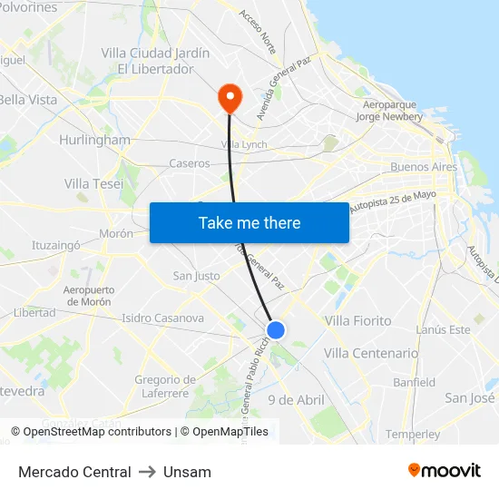 Mercado Central to Unsam map