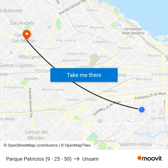 Parque Patricios (9 - 25 - 50) to Unsam map