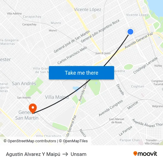 Agustin Alvarez Y Maipú to Unsam map