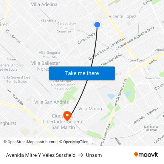 Avenida Mitre Y Vélez Sarsfield to Unsam map