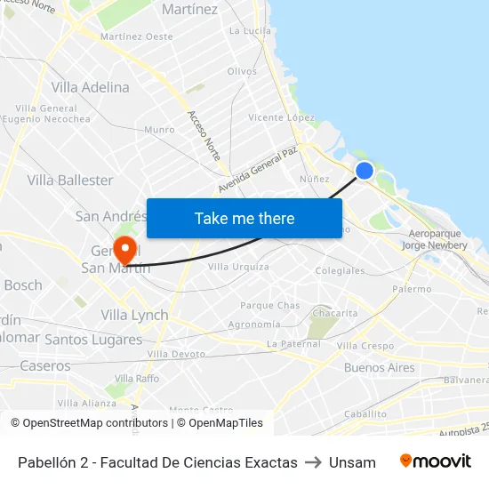 Pabellón 2 - Facultad De Ciencias Exactas to Unsam map