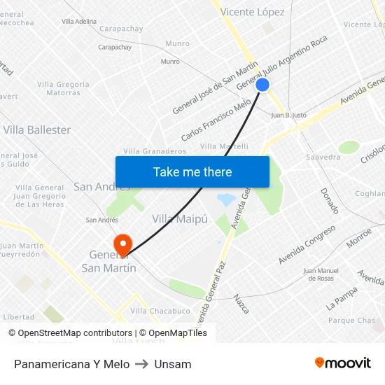 Panamericana Y Melo to Unsam map