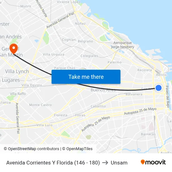 Avenida Corrientes Y Florida (146 - 180) to Unsam map