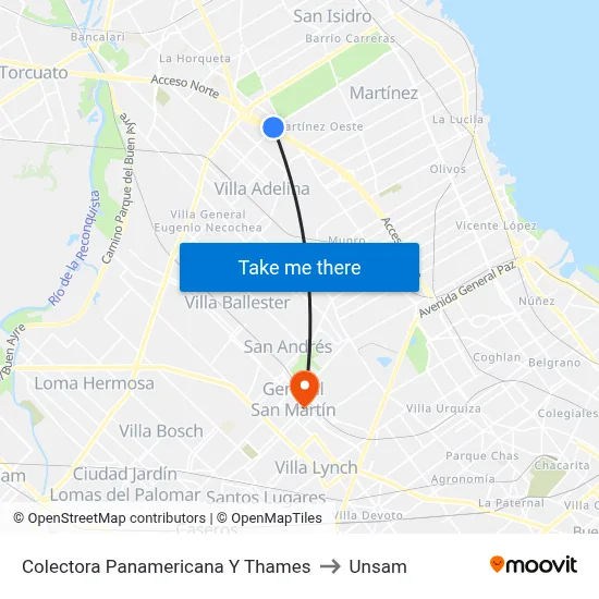 Colectora Panamericana Y Thames to Unsam map