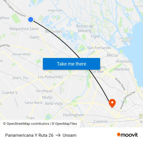 Panamericana Y Ruta 26 to Unsam map