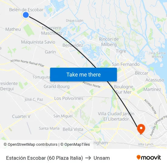 Estación Escobar (60 Plaza Italia) to Unsam map