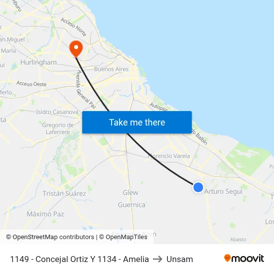 1149 - Concejal Ortiz Y 1134 - Amelia to Unsam map