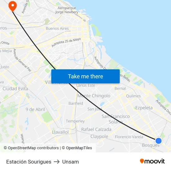 Estación Sourigues to Unsam map