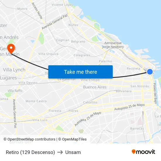 Retiro (129 Descenso) to Unsam map