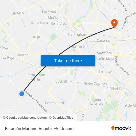 Estación Mariano Acosta to Unsam map