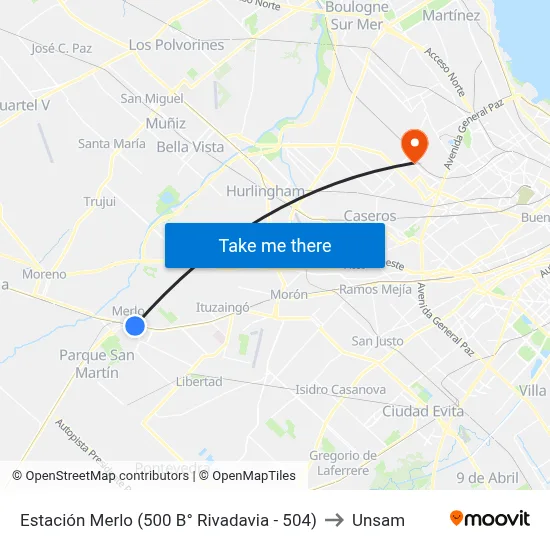 Estación Merlo (500 B° Rivadavia - 504) to Unsam map
