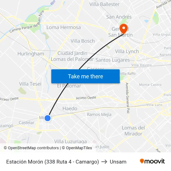 Estación Morón (338 Ruta 4 - Camargo) to Unsam map