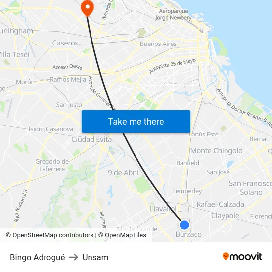 Bingo Adrogué to Unsam map
