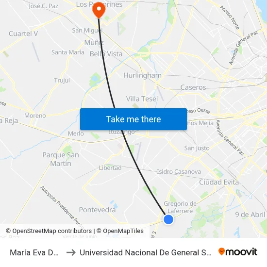 María Eva Duarte to Universidad Nacional De General Sarmiento map