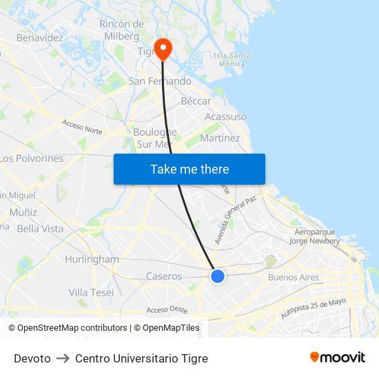 Devoto to Centro Universitario Tigre map