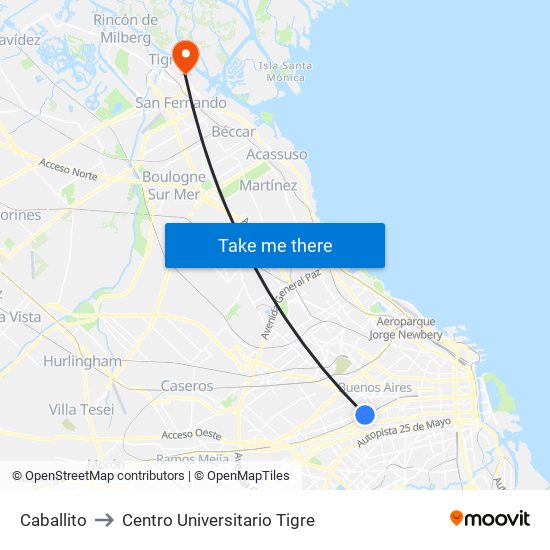 Caballito to Centro Universitario Tigre map