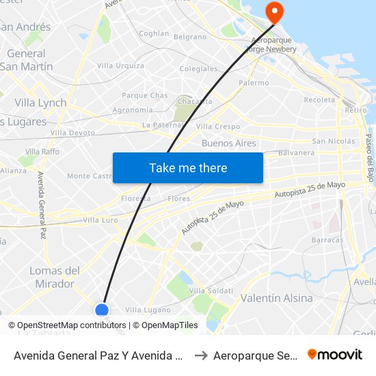 Avenida General Paz Y Avenida Eva Perón to Aeroparque Sector A map