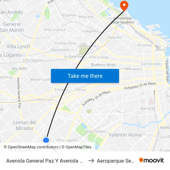 Avenida General Paz Y Avenida Eva Perón to Aeroparque Sector A map