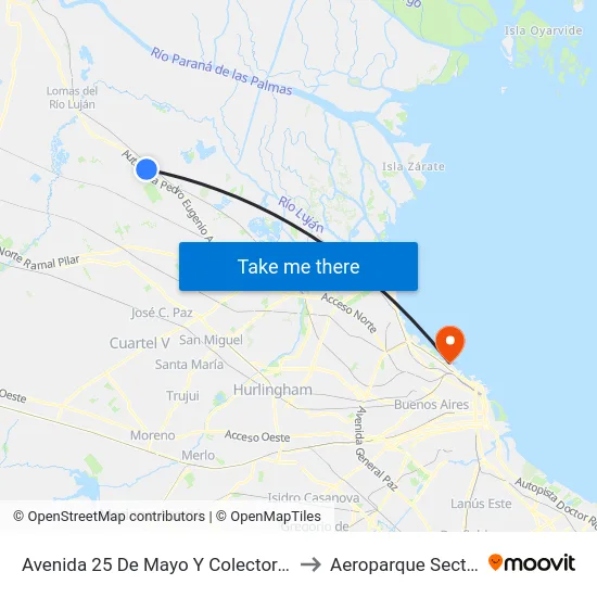 Avenida 25 De Mayo Y Colectora Este to Aeroparque Sector A map