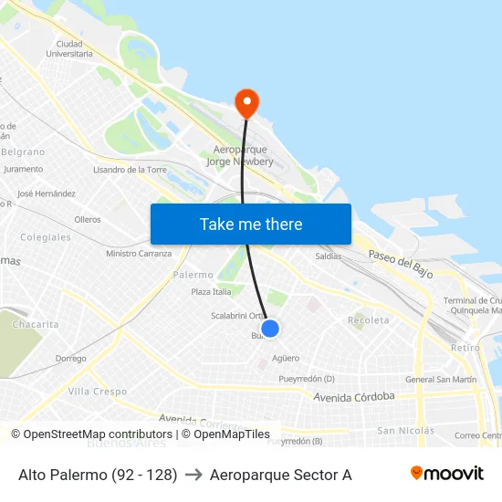 Alto Palermo (92 - 128) to Aeroparque Sector A map
