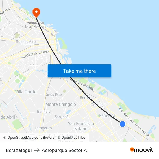 Berazategui to Aeroparque Sector A map