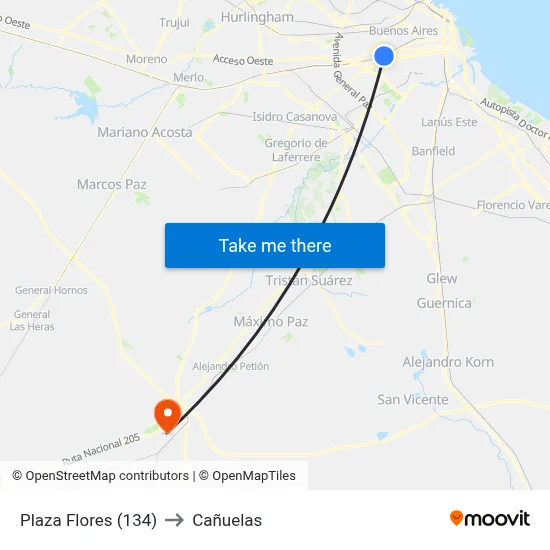 Plaza Flores (134) to Cañuelas map
