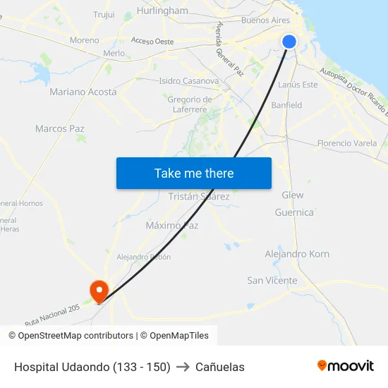 Hospital Udaondo (133 - 150) to Cañuelas map