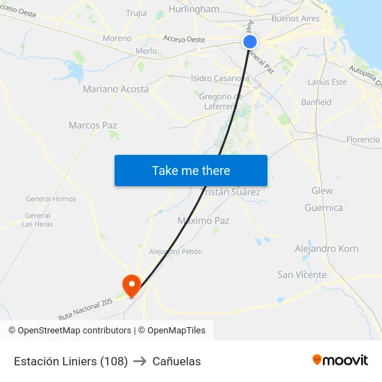 Estación Liniers (108) to Cañuelas map